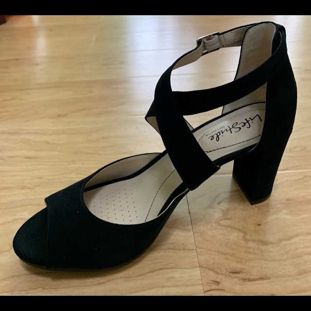 Black wide block heel shoes